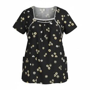 Cherokee Studio Women's Scrub Top Size XS Black Feminine Neckline Floral Print